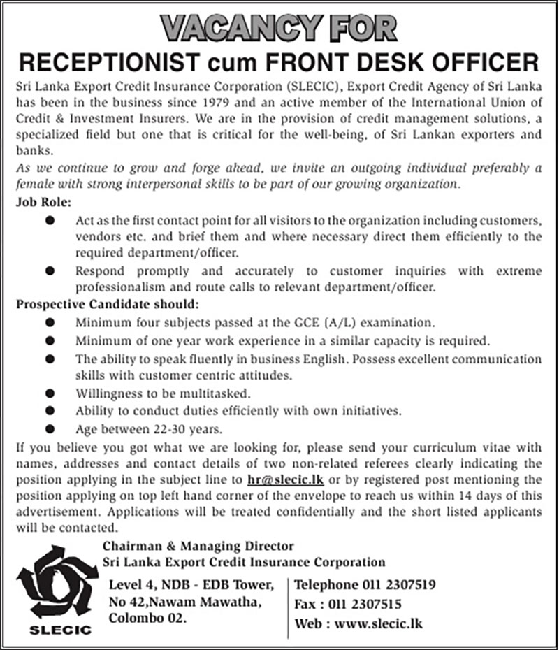 Receptionist cum Front Desk Officer - Sri Lanka Export Credit Insurance Corporation